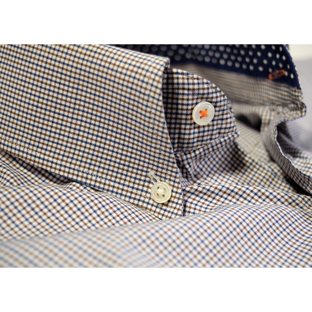 J. McLaughlin Men's L Egyptian Cotton Button Down Shirt Blue Brown Micro Check - Picture 6 of 13
